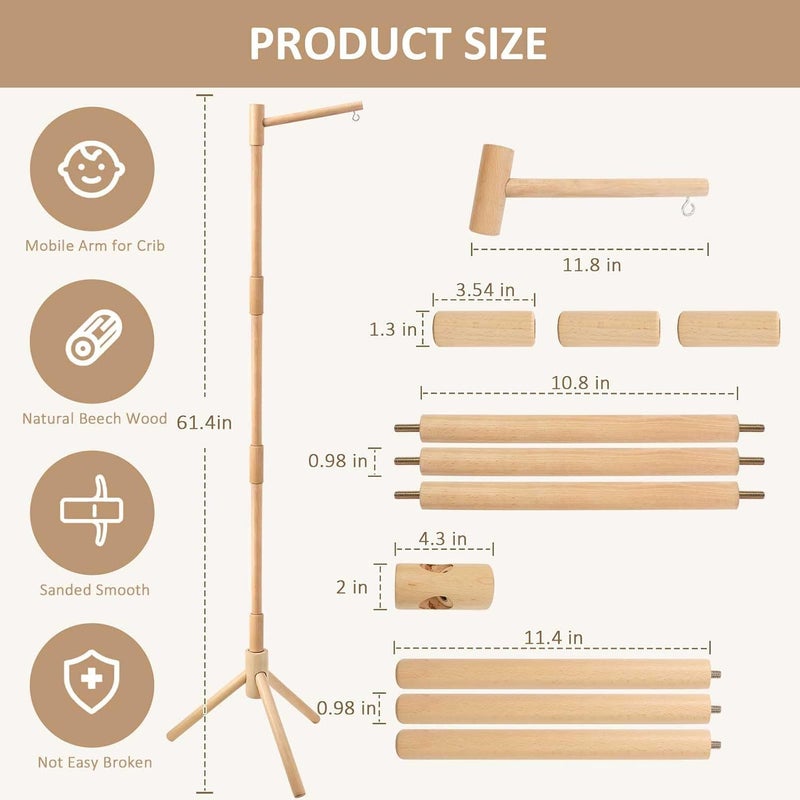 JILPAK Floor-Standing Crib Mobile Arm - 61.4 Inch Wooden Mobile Arm for Crib - Movable Baby Mobile Hanger with Strong Anti-Dumping Attachment - 100% Beech Wood - Easy Assembly - Nursery Decor - Image 5